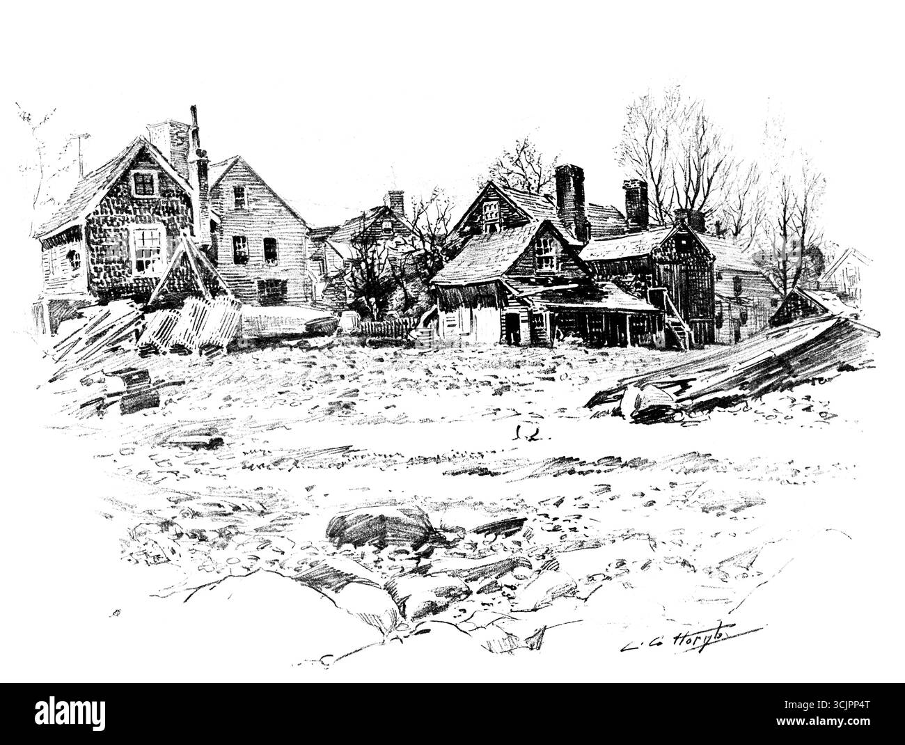 Villaggio di pescatori a Barnegat, cittadina del New Jersey, circa 1905, riproduzione mezzitoni del disegno a matita di Lester G Hornby Foto Stock