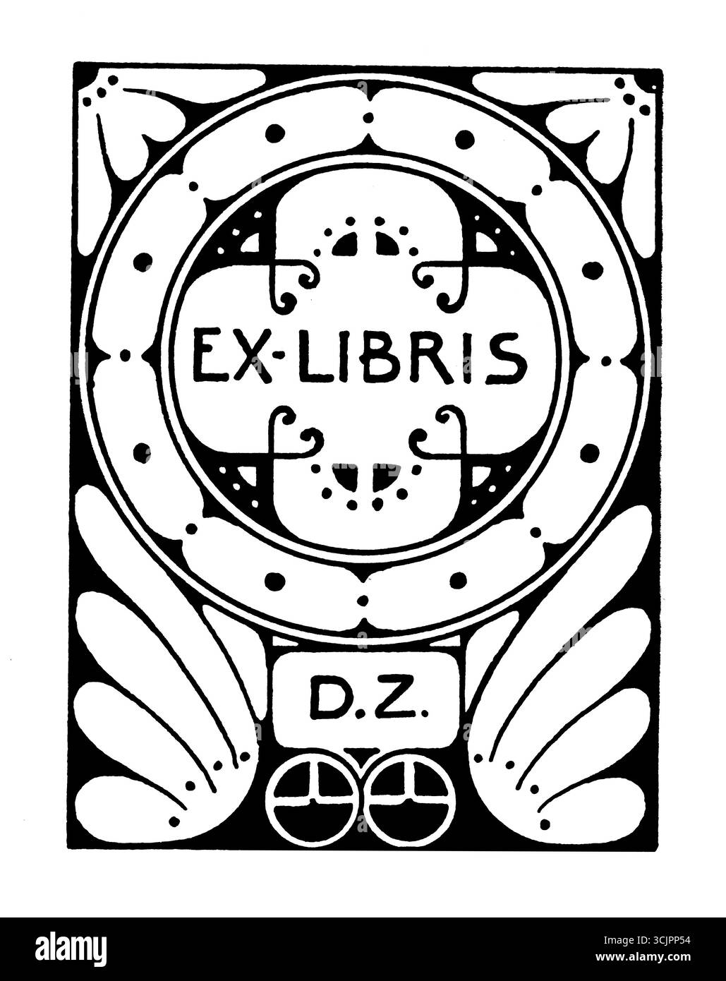 1906 iniziali DZ bookplate ex libris design all'interno della cornice decorativa di Wilhemena Foto Stock