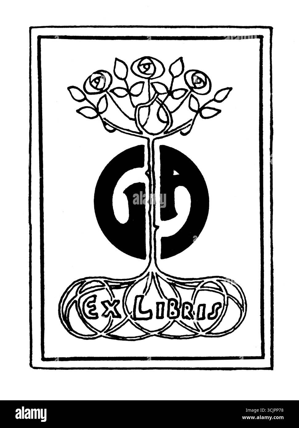 1906 G A Initials Bookplate con motivo rosa Bush disegnato dall'artista Croydon F A Knight Foto Stock