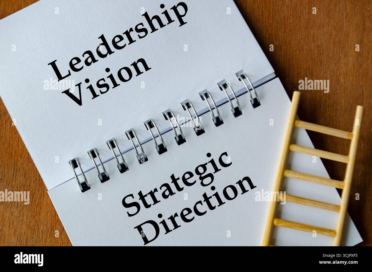 Blocco note che mostra la parola visione della leadership e direzione strategica con una scala in miniatura appoggiata contro la pagina Foto Stock