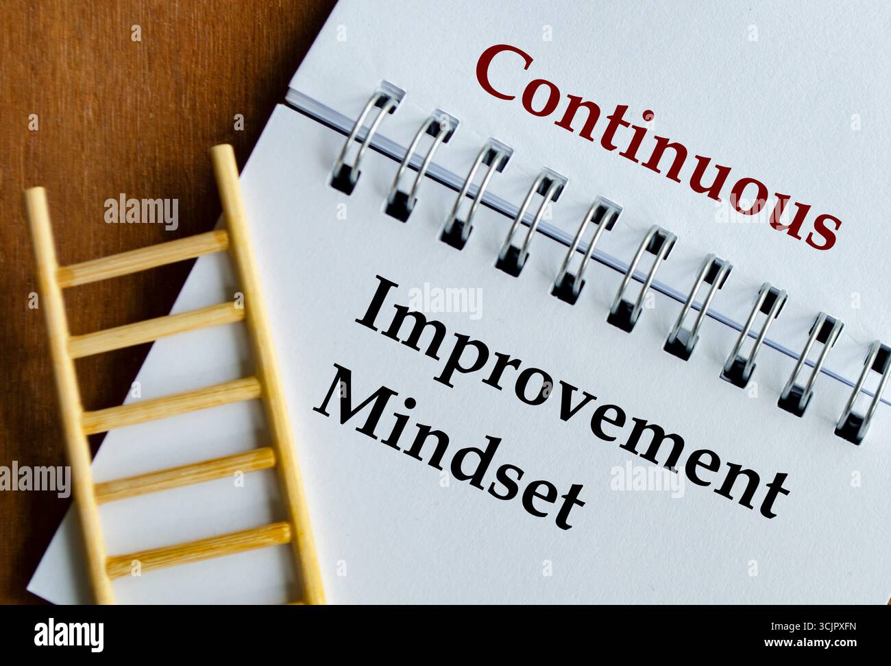 Blocco note con le parole miglioramento continuo scritte su pagine stampate Foto Stock