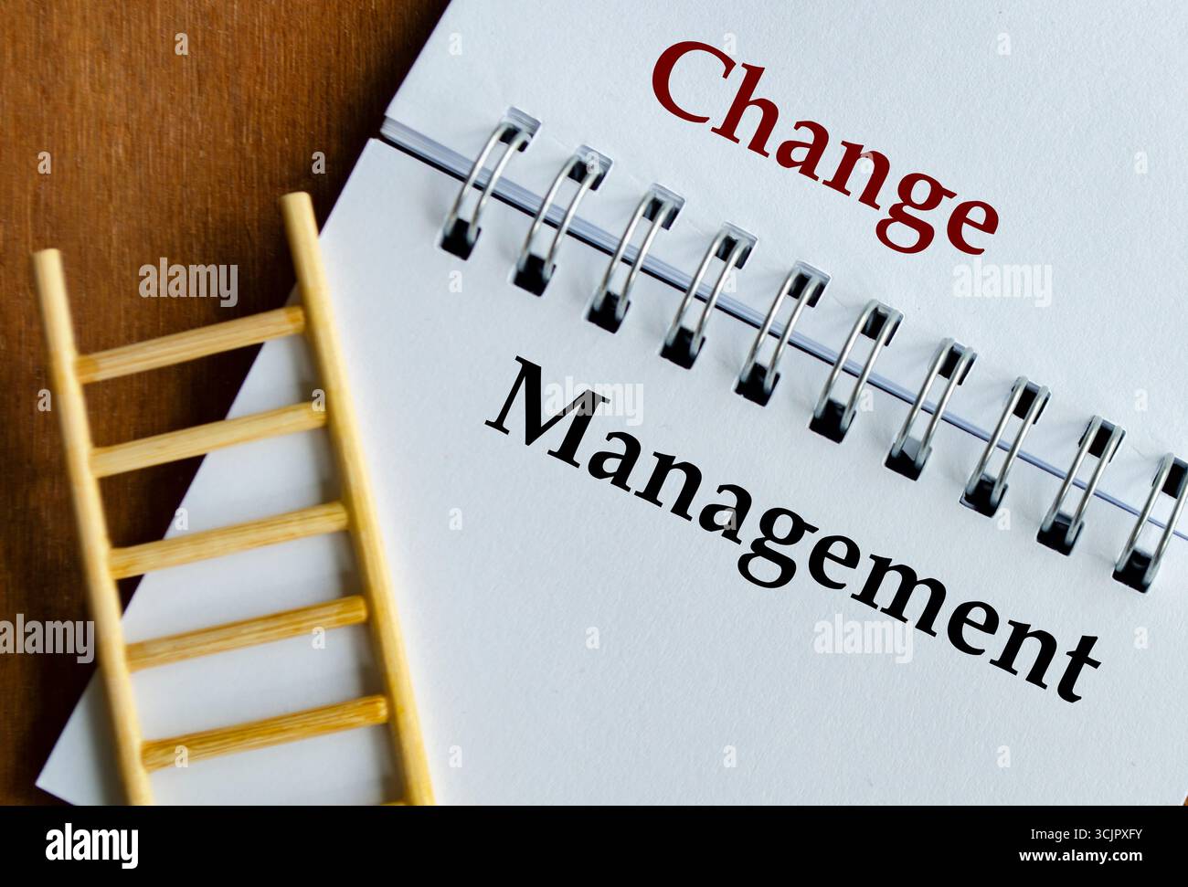Blocco note che visualizza la gestione delle modifiche in grassetto con scala su una superficie in legno Foto Stock