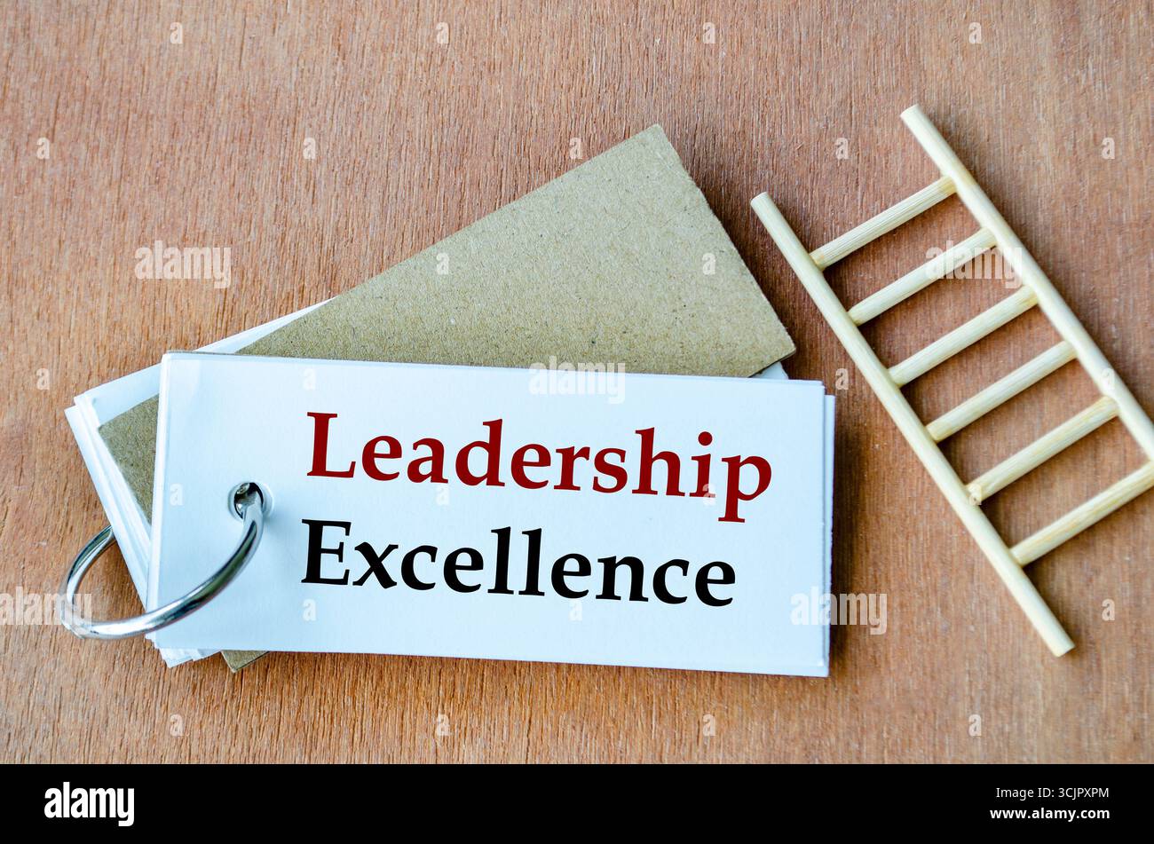 Blocco note con testo chiaro Leadership Excellence posizionato sulla scrivania con supporto visivo a scala Foto Stock