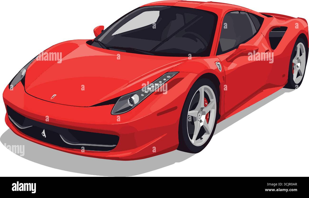Un'elegante illustrazione vettoriale rossa di un'auto sportiva, un'auto di lusso esotica e potente isolata su uno sfondo bianco. Illustrazione Vettoriale