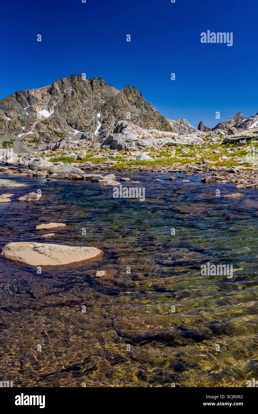 Torrente che scorre da un tarn sotto il Monte Ritter nella riserva naturale di Ansel Adams, Inyo National Forest, California, USA Foto Stock