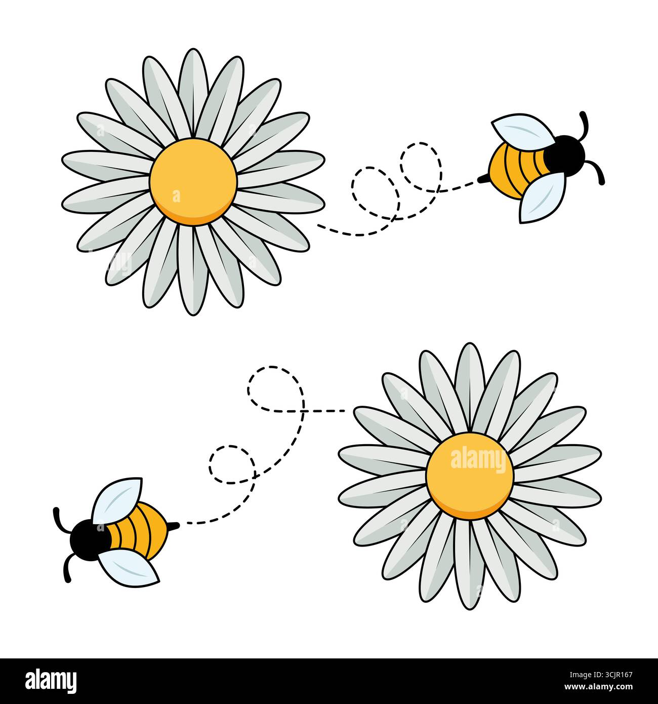 Illustrazione Bees and Daisies. Due api che volano giocosamente intorno a margherite con percorsi di volo punteggiati. Margherite con petali bianchi e centri gialli. Illustrazione Vettoriale