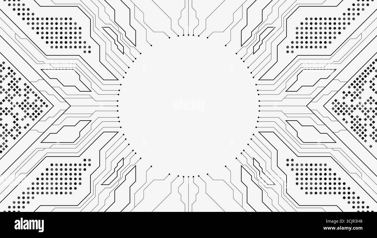 Linee nere del circuito con elementi elettronici per la progettazione tecnologica o scientifica. Background vettoriale EPS10 della tecnologia astratta Illustrazione Vettoriale