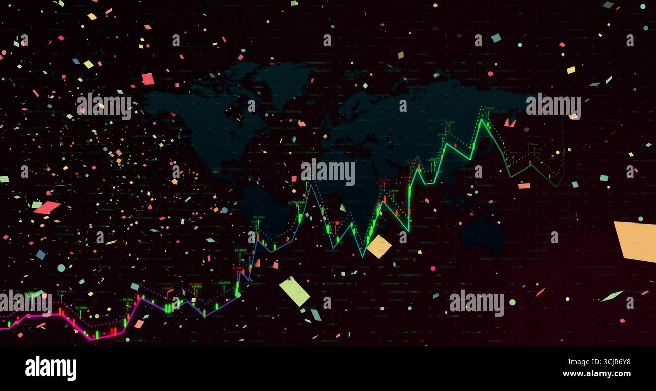 Visualizzazione del grafico a linee al neon che si innalza sulla sagoma della mappa mondiale sull'interfaccia utente con forme di deriva e punti dati Foto Stock