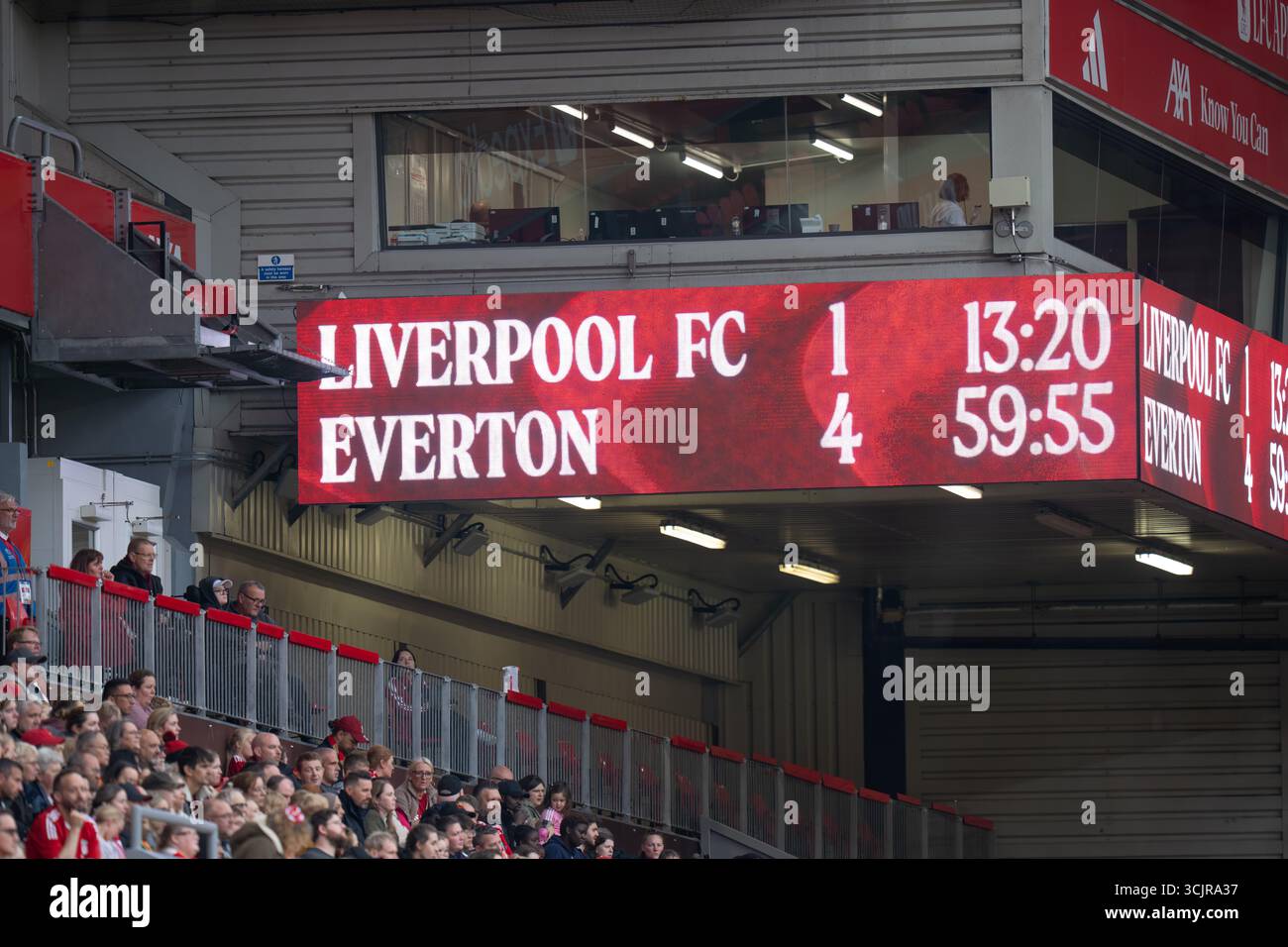 Liverpool FC vs Everton FC Barclays Womens Super League ANFIELD STADIUM INGHILTERRA 7 settembre 2025 tabellone segnapunti durante il Barclays Women's Super League match tra Liverpool FC e Everton FC all'Anfield Stadium il 7 settembre 2025 a Liverpool, Inghilterra. Foto Stock