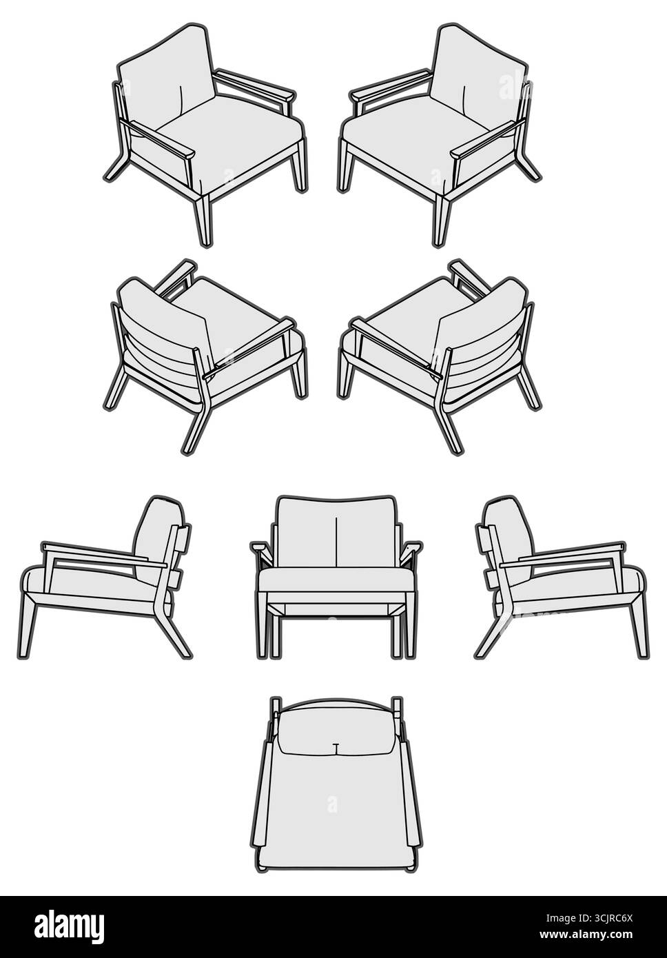 Disegno tecnico di una poltrona da più angolazioni. Sono disponibili due viste dall'alto verso il basso, due viste posteriori Illustrazione Vettoriale
