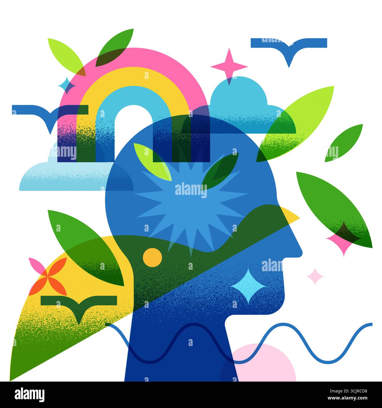 Testa umana astratta e creativa con arcobaleno, nuvole, foglie, uccelli volanti. Illustrazione geometrica piatta vettoriale. Concetto di creatività, immaginazione, libertà Illustrazione Vettoriale