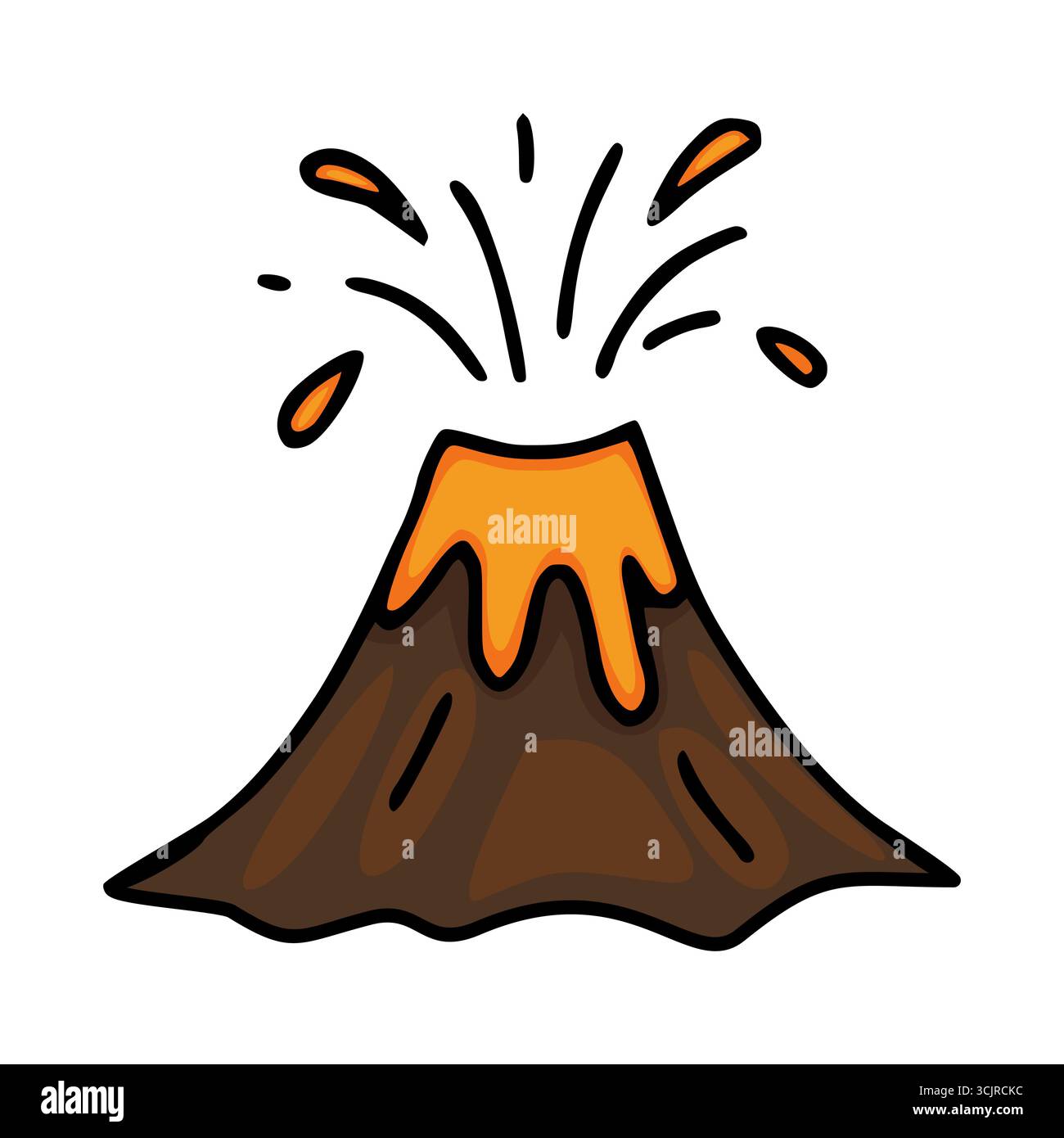 Un'allegra illustrazione vettoriale di un vulcano cartoon che erutta con lava arancione, sfoggiando uno stile disegnato a mano con contorni audaci e un semplice paletto di colori Illustrazione Vettoriale