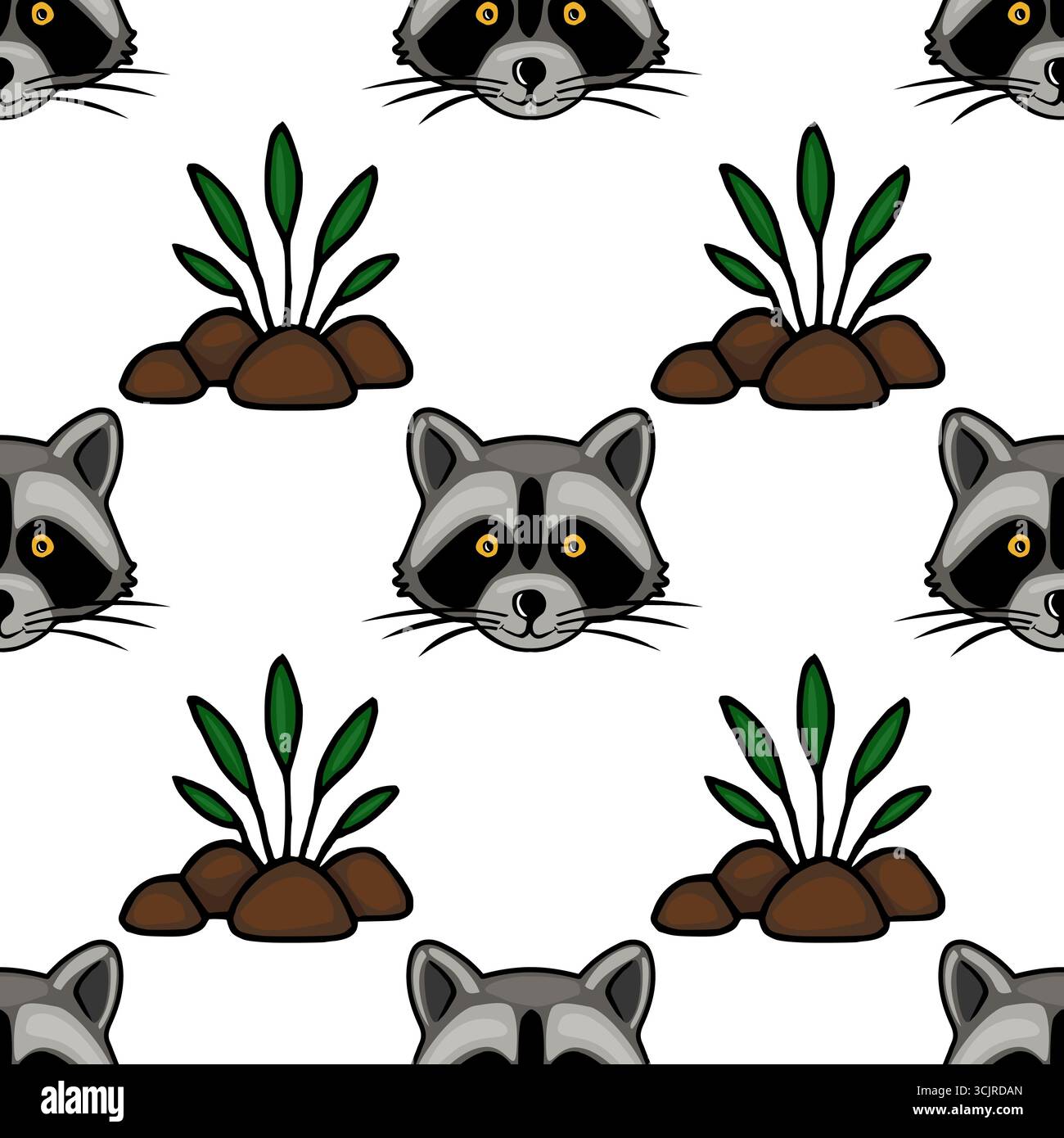 Motivo vettoriale senza cuciture con divertenti volti di procione intervallati da vegetazione stilizzata e rocce, creando un paesaggio stravagante e affascinante Illustrazione Vettoriale