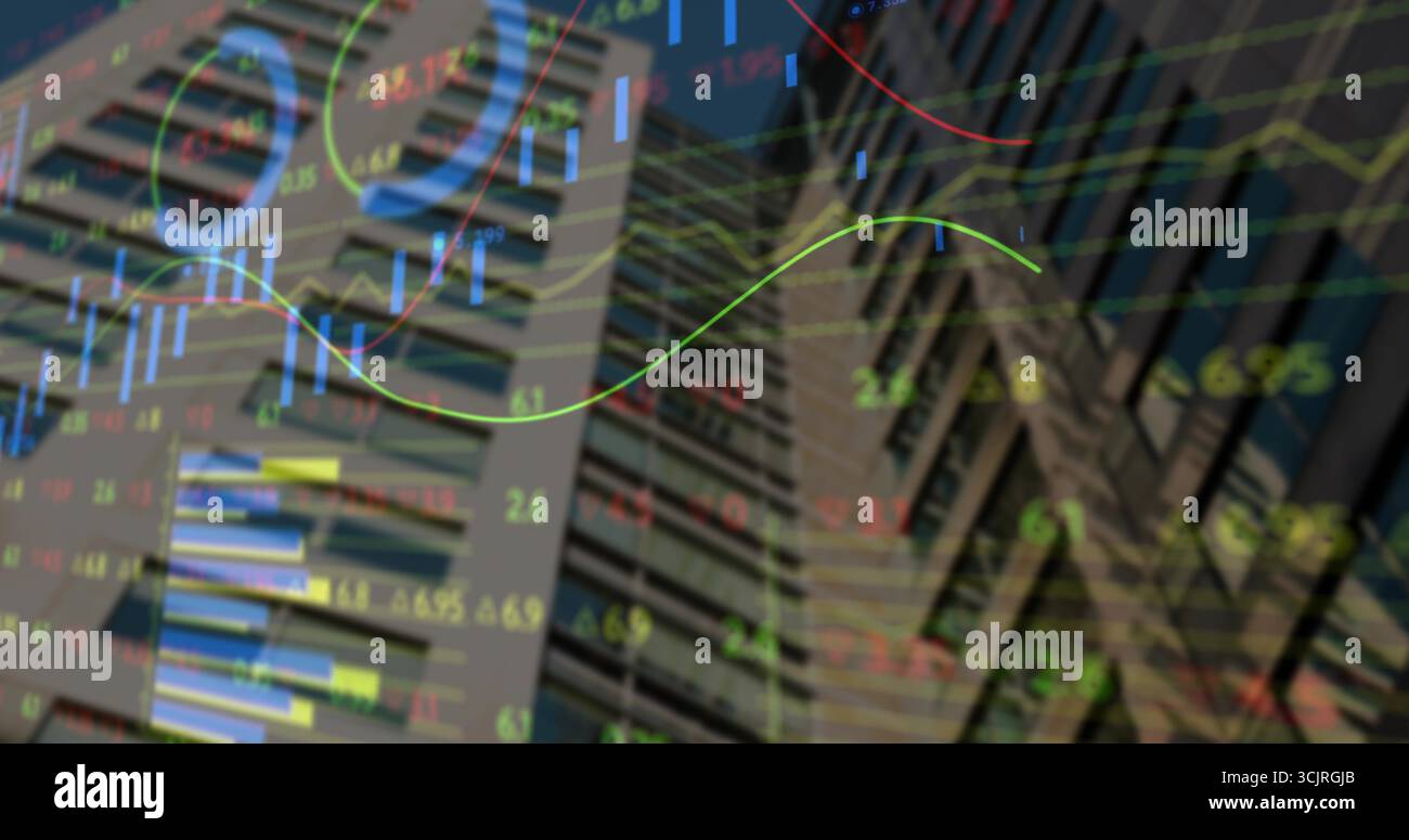 Mostra la facciata alta nel quartiere finanziario, mostra grafici a linee, grafici a barre e indicatori Foto Stock