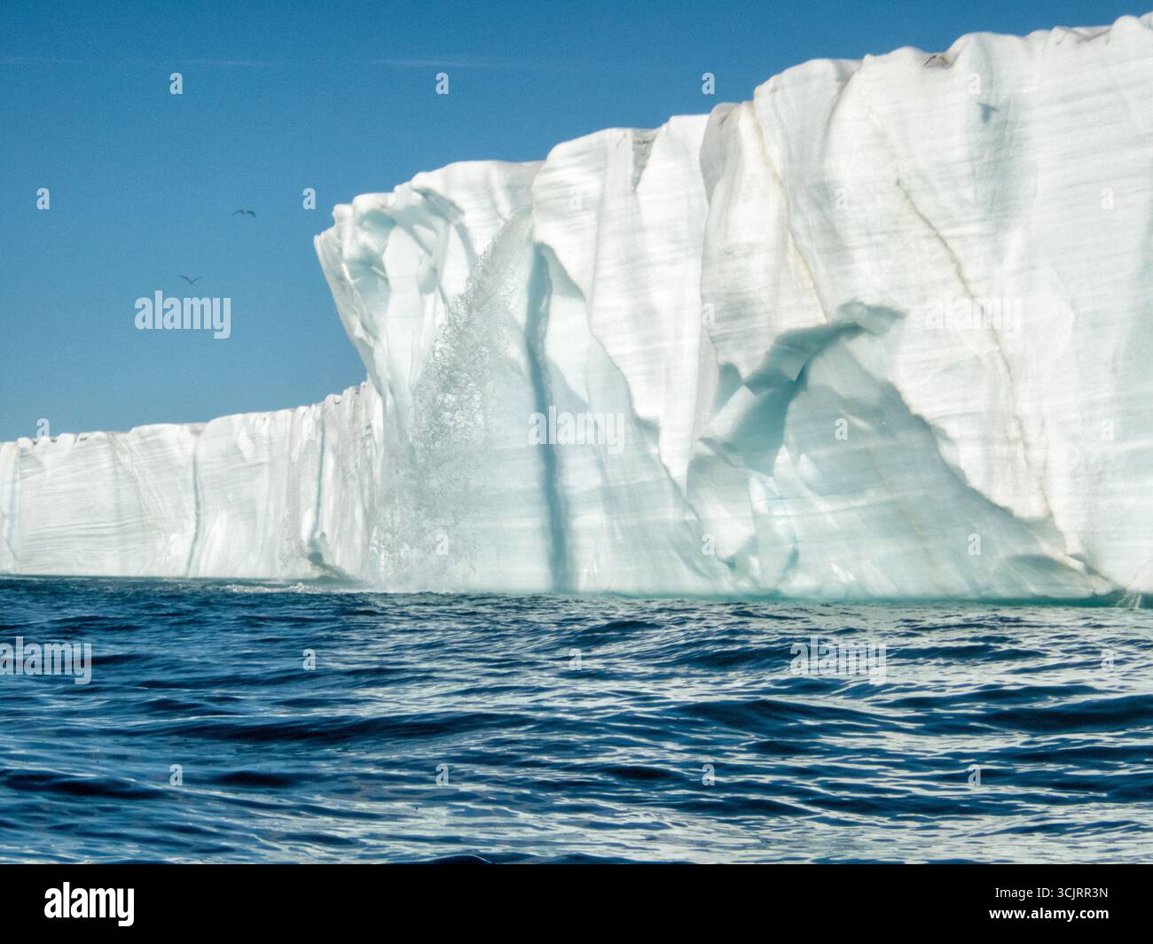Cascata del ghiacciaio Bråsvellbreen Vibebukta Nordaustlandet Svalbard // NORDEAUSTLANDET, Svalbard — Una grande cascata dal bordo del ghiacciaio Bråsvellbreen quando l'acqua di fusione scorre verso il mare. Il Bråsvellbreen è uno dei più grandi ghiacciai delle Svalbard, situato nella parte nord-orientale dell'isola Nordaustlandet. Il fronte ghiacciato del ghiacciaio è caratterizzato da spettacolari scogliere da cui emergono ruscelli e cascate d'acqua dolce durante i periodi più caldi. Questa fusione glaciale contribuisce in modo significativo all'ambiente marino circostante. Foto Stock