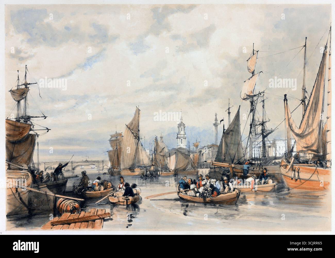 Una vista a colori della piscina di Londra 1834 artista sconosciuto dopo James Duffield Harding prospettiva storica del XIX secolo che incide litografia colorata a mano vecchia stampa antica Foto Stock