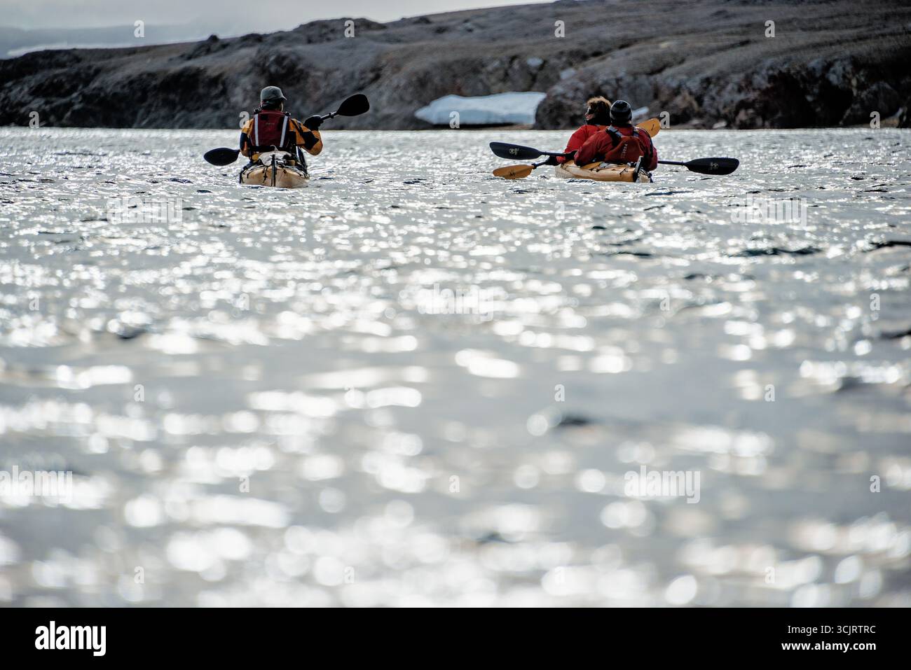 Kayak nel Murchisonfjord Nordaustlandet Svalbard Norvegia // NORDEAUSTLANDET, Svalbard - i kayak pagaiano attraverso le acque instabili di Murchisonfjorden, un fiordo situato sulla costa nord-orientale dell'isola Nordaustlandet nell'arcipelago delle Svalbard. Il terreno accidentato e montuoso dell'isola fa da sfondo, con macchie di neve e ghiaccio visibili sulle piste. Murchisonfjorden fa parte della vasta riserva naturale delle Svalbard del nord-est, un'area protetta conosciuta per i suoi spettacolari paesaggi artici e la variegata fauna selvatica. La regione è caratterizzata dalla sua remota natura selvaggia ed è una destinazione popolare Foto Stock Kayak nel Murchisonfjord Nordaustlandet Svalbard Norvegia // NORDEAUSTLANDET, Svalbard - i kayak pagaiano attraverso le acque instabili di Murchisonfjorden, un fiordo situato sulla costa nord-orientale dell'isola Nordaustlandet nell'arcipelago delle Svalbard. Il terreno accidentato e montuoso dell'isola fa da sfondo, con macchie di neve e ghiaccio visibili sulle piste. Murchisonfjorden fa parte della vasta riserva naturale delle Svalbard del nord-est, un'area protetta conosciuta per i suoi spettacolari paesaggi artici e la variegata fauna selvatica. La regione è caratterizzata dalla sua remota natura selvaggia ed è una destinazione popolare Foto Stock