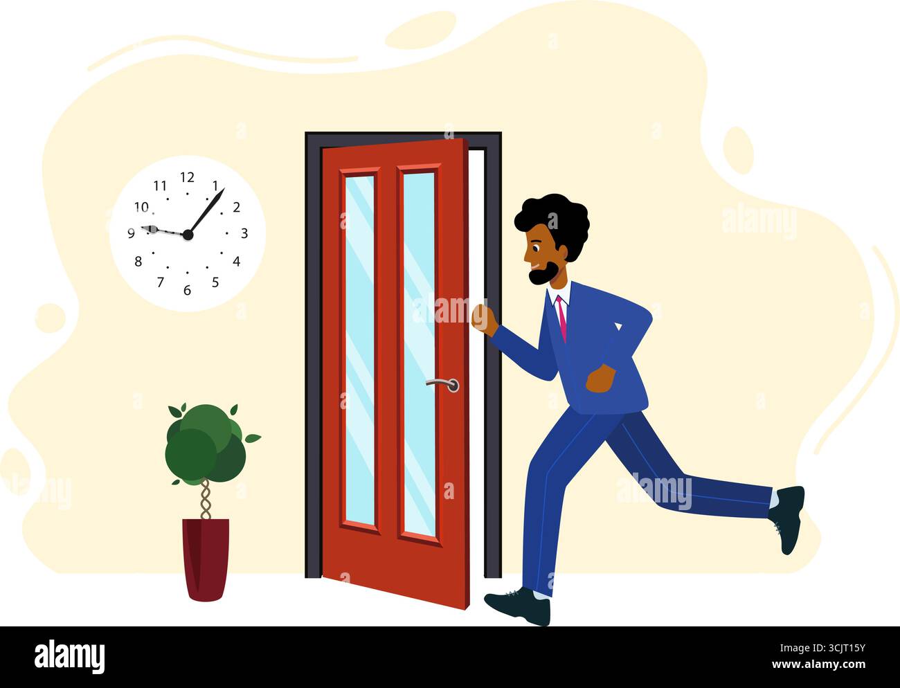 L'uomo d'affari è in ritardo per lavoro o riunione. L'uomo è in corsa dal lavoro. Illustrazione Vettoriale