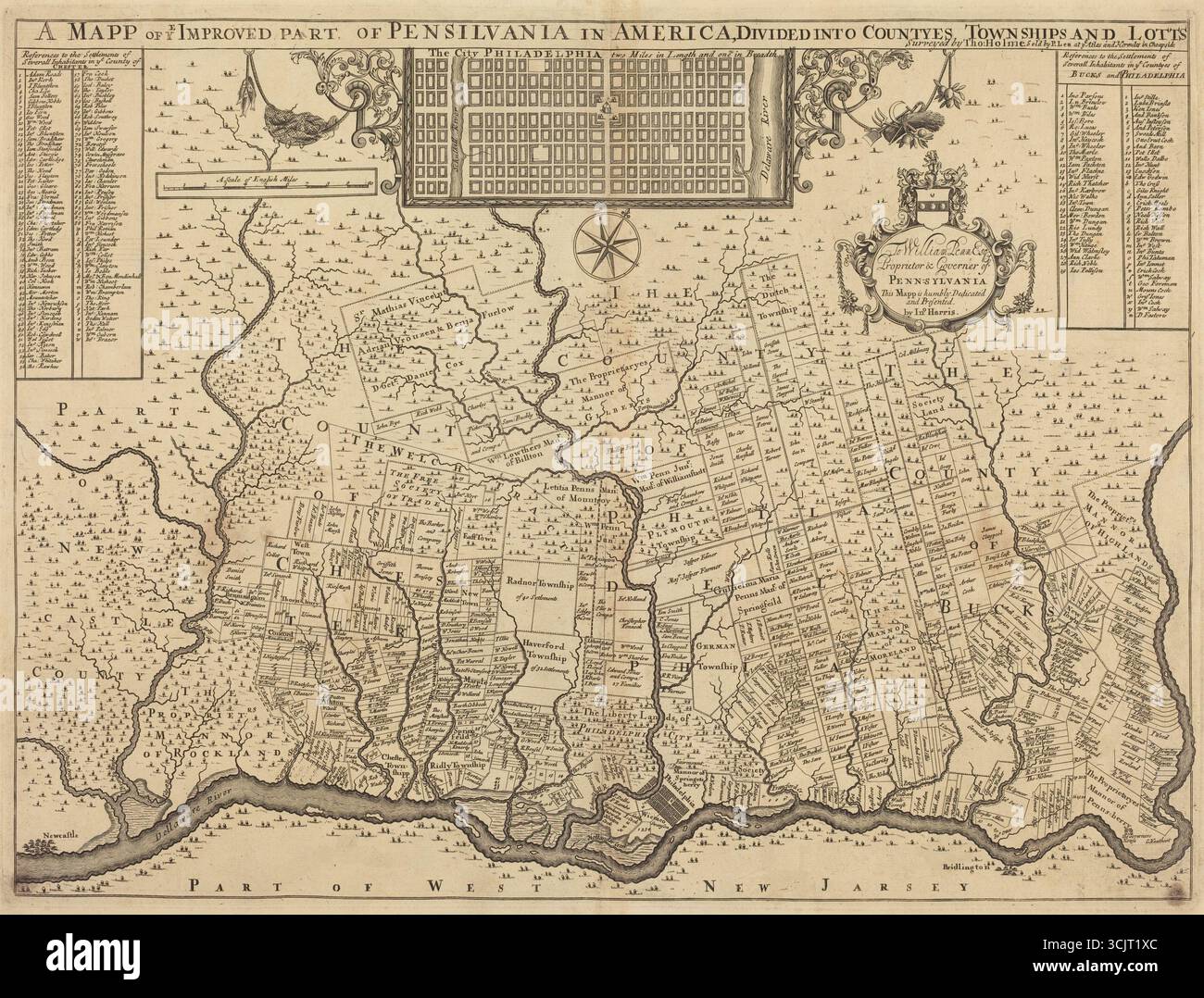 Mappa storica intitolata A mapp of Ye migliorato parte della Pensilvania in America, divisa in contee, township e lotts di Thomas Holme, intorno al 1687. La prima cartografia coloniale mostra Filadelfia e gli insediamenti circostanti in Pennsylvania. Foto Stock