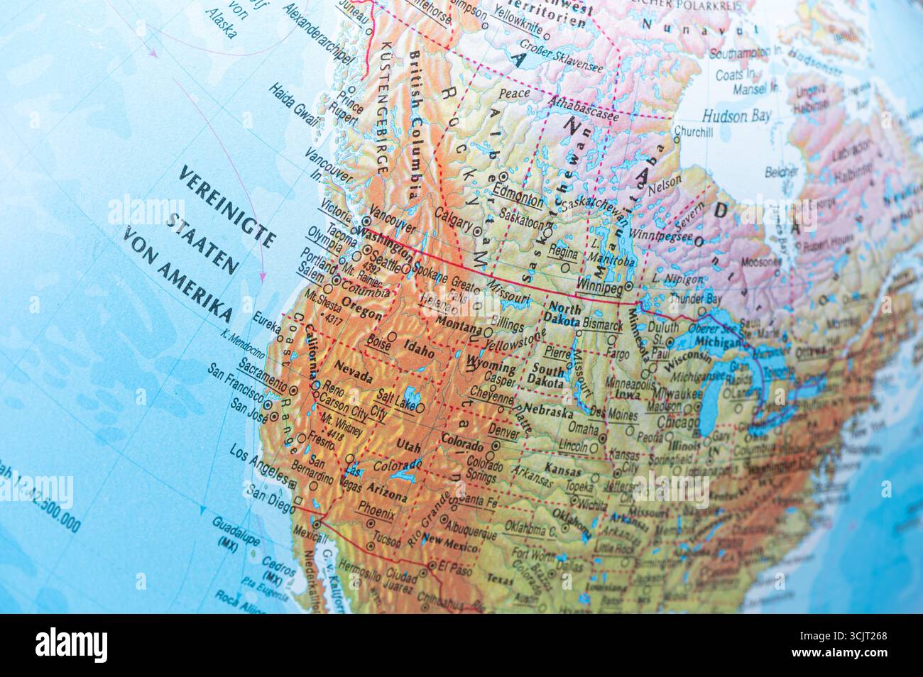 Vista dettagliata del Nord America con evidenziazione delle caratteristiche geografiche. Foto Stock