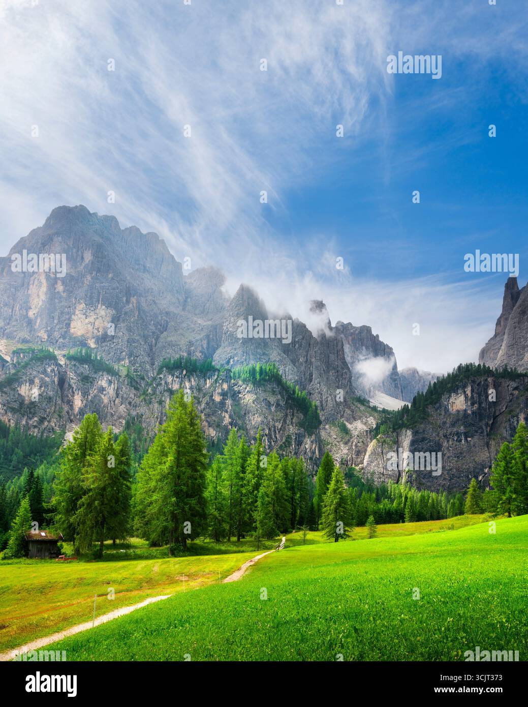 Sentiero panoramico che conduce alle cascate di Pisciadù vicino a Colfosco, con prati lussureggianti, foreste di conifere e torreggianti cime calcaree delle Dolomiti, Foto Stock