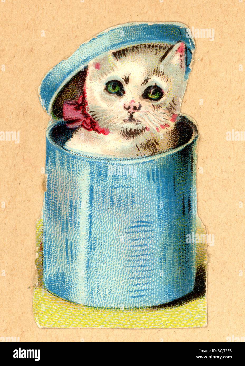 Pezzo originale di carta decoupage cromo-diecut vittoriana goffrata da un quaderno vittoriano di gattino bianco con fiocco rosa, in scatola blu per cappelli, Regno Unito del 1890 Foto Stock