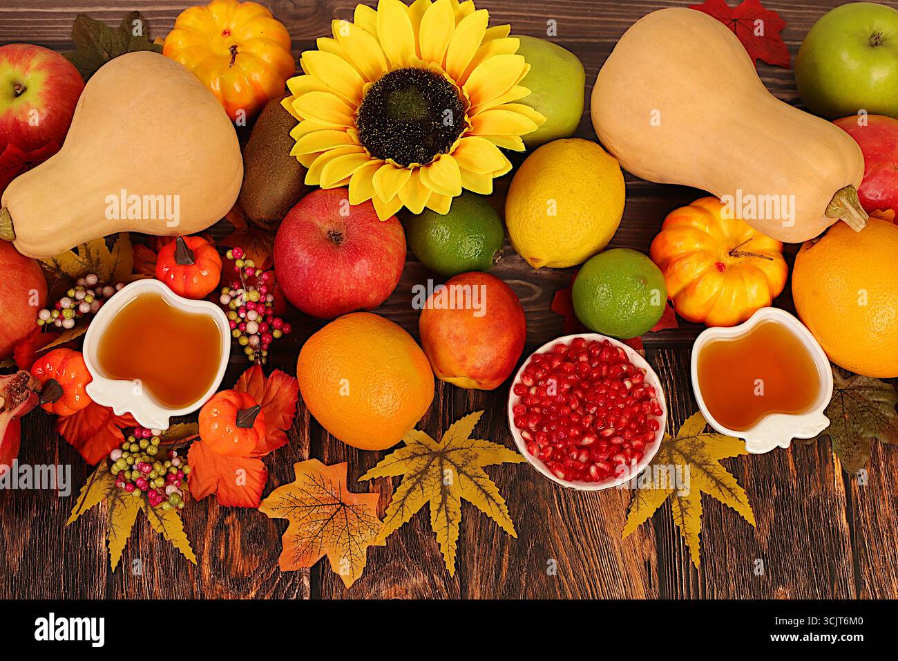 Striscione del Ringraziamento, sfondo autunnale con mele, melograni, zucche, miele, uva, fiori sotto girasoli e foglie su tavola di legno, arpe Foto Stock