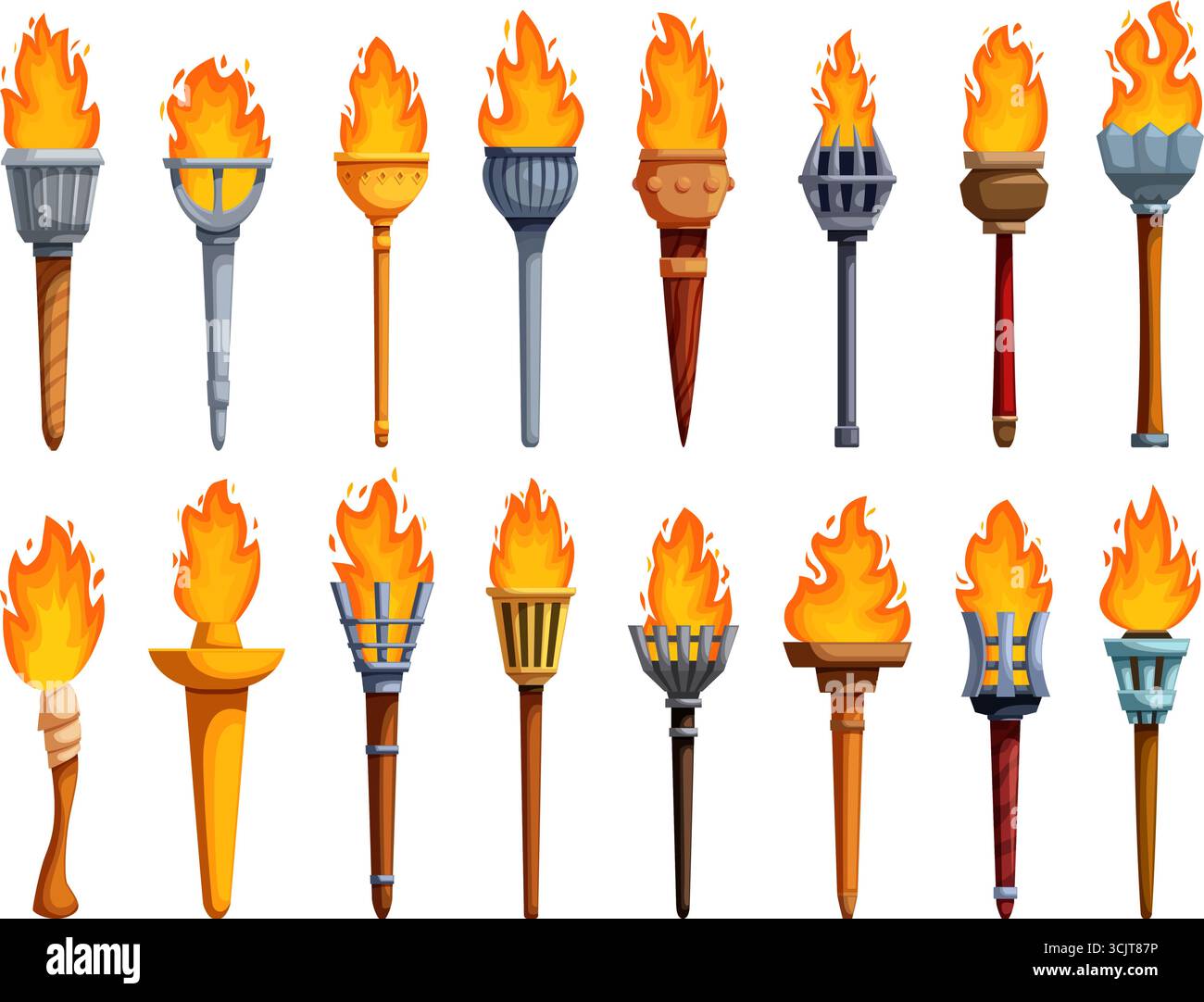 Risorse di gioco per torcia a cartoni animati. Bastoncini medievali in legno di pietra metallica con fiamme ardenti. Antiche torce con fuoco, icone vettoriali sapid Original A. Illustrazione Vettoriale