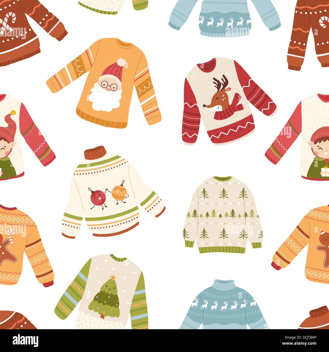 Maglioni invernali in maglia con motivo senza cuciture. Design maglione natalizio con albero di natale del cervo elfo di babbo Natale. Modello di stampa festività, orig. Sfondo vettoriale Illustrazione Vettoriale