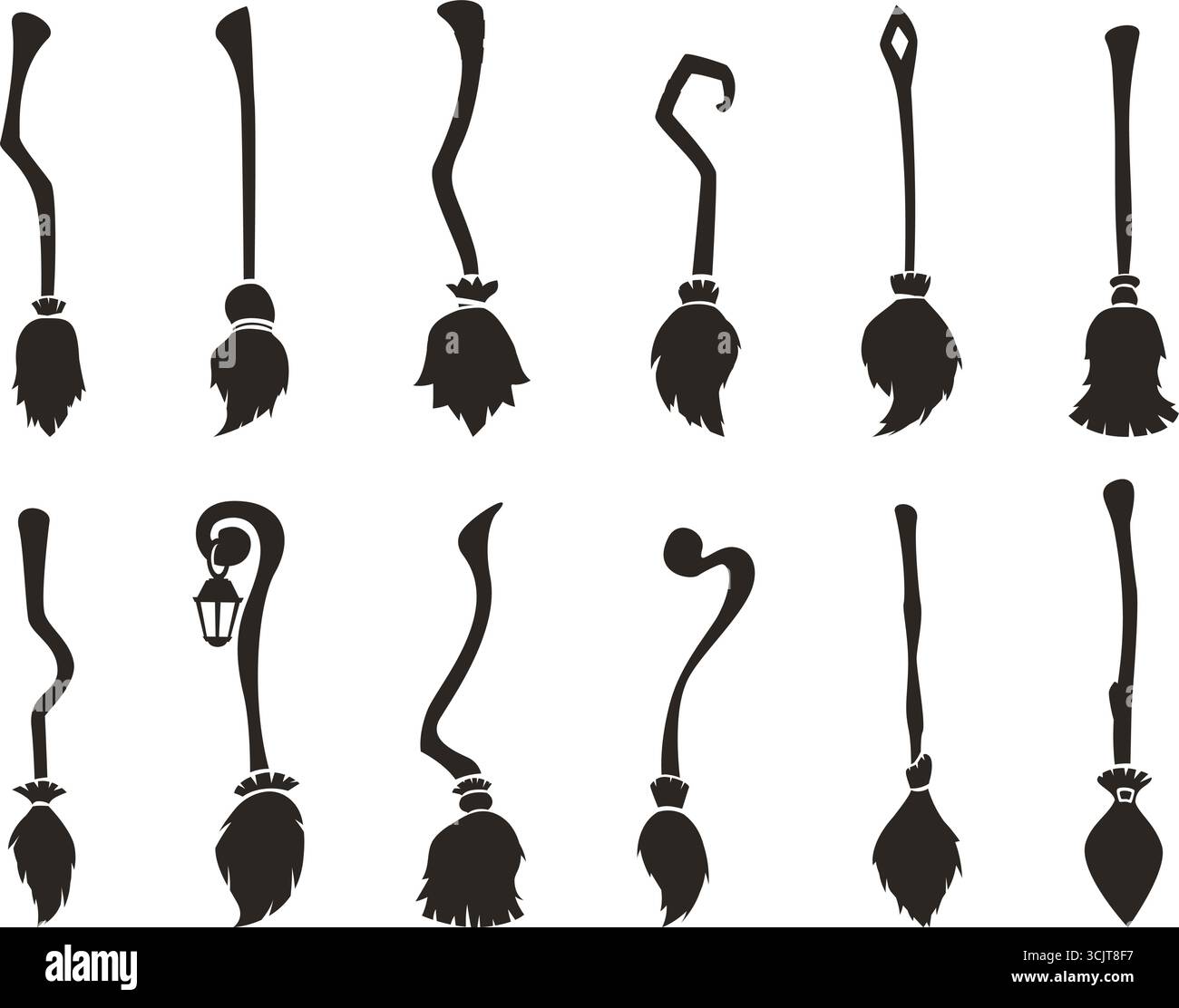 Silhouette delle scope nere. Accessori per strega per il volo, veicolo magico per il trasporto. Adesivi con silhouette Halloween, set vettoriale sapid scopa originale A. Illustrazione Vettoriale