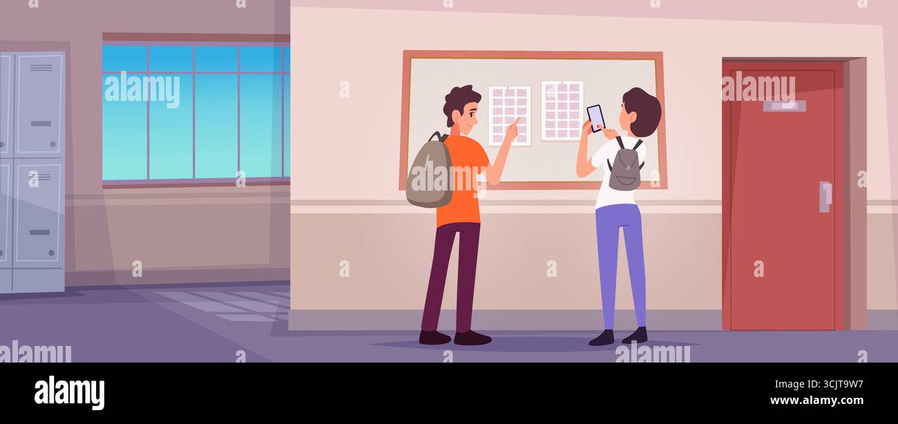 Lezione. Illustrazione interna di un'aula o di uno spazio per conferenze con studenti intelligenti che tornano a scuola esattamente vettoriali, illustrazione concettuale originale Illustrazione Vettoriale