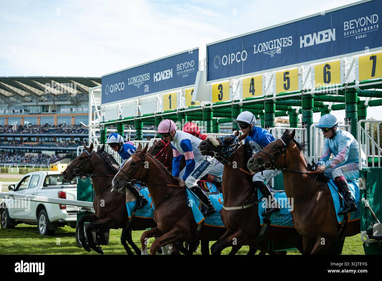 Il campo Silent Pool Gin Handicap esce dalle bancarelle. Crediti JTW equine Images / Alamy Foto Stock