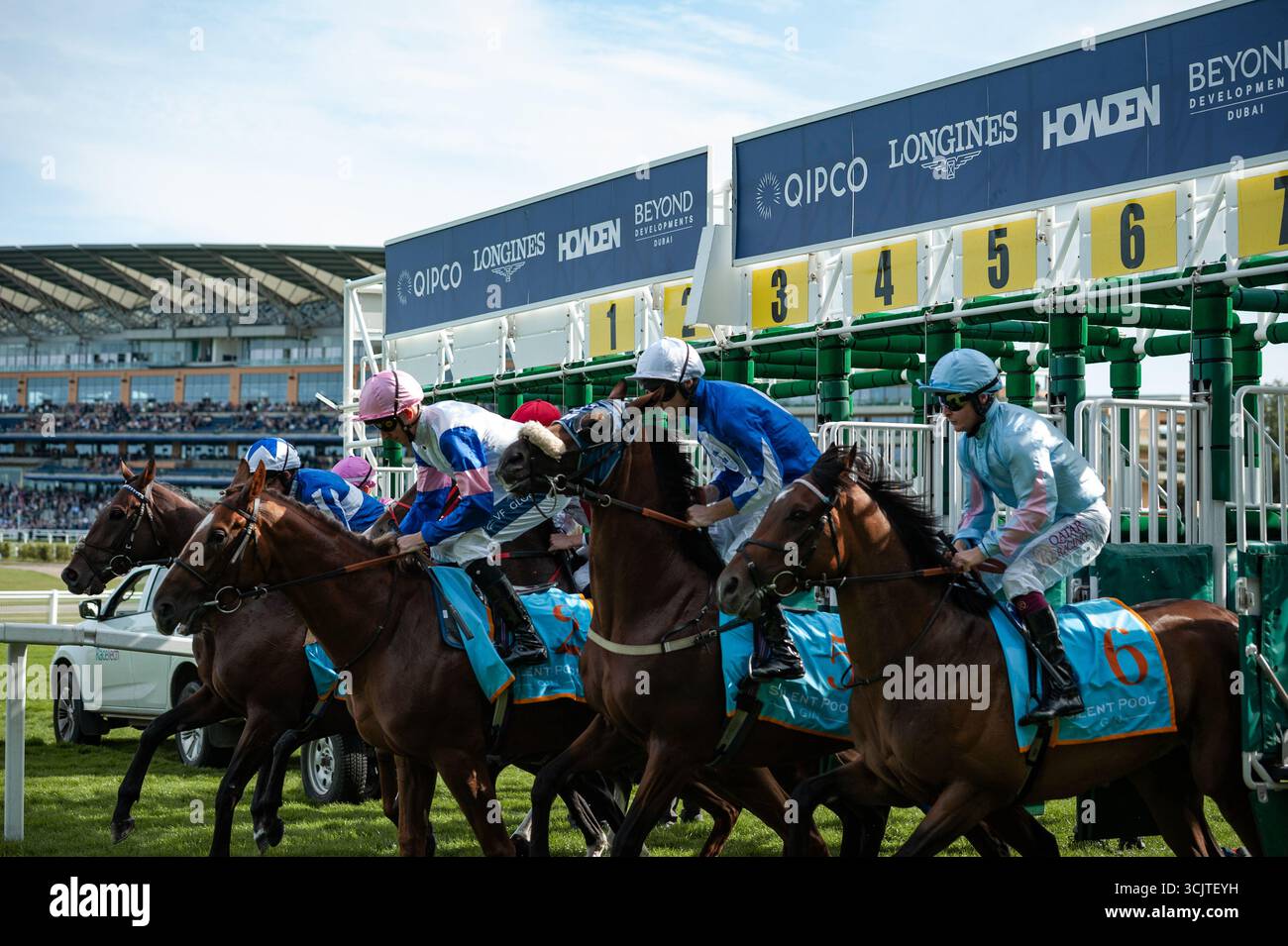 Il campo Silent Pool Gin Handicap esce dalle bancarelle. Crediti JTW equine Images / Alamy Foto Stock