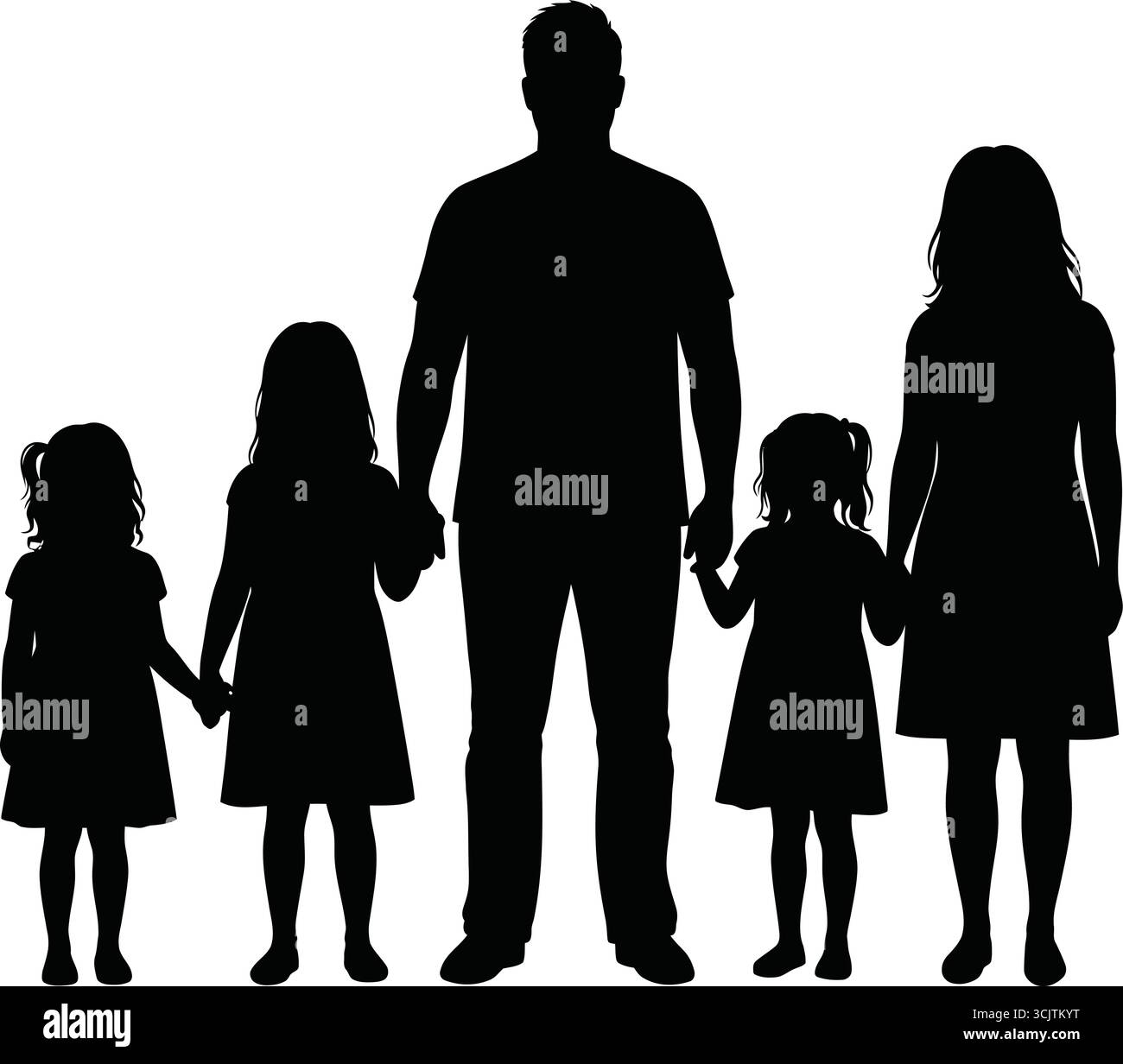 Sagoma di una famiglia felice con padre, madre e tre figlie che si tengono per mano – simbolo di Unione, parentela e unità familiare per l'arte muraria Illustrazione Vettoriale