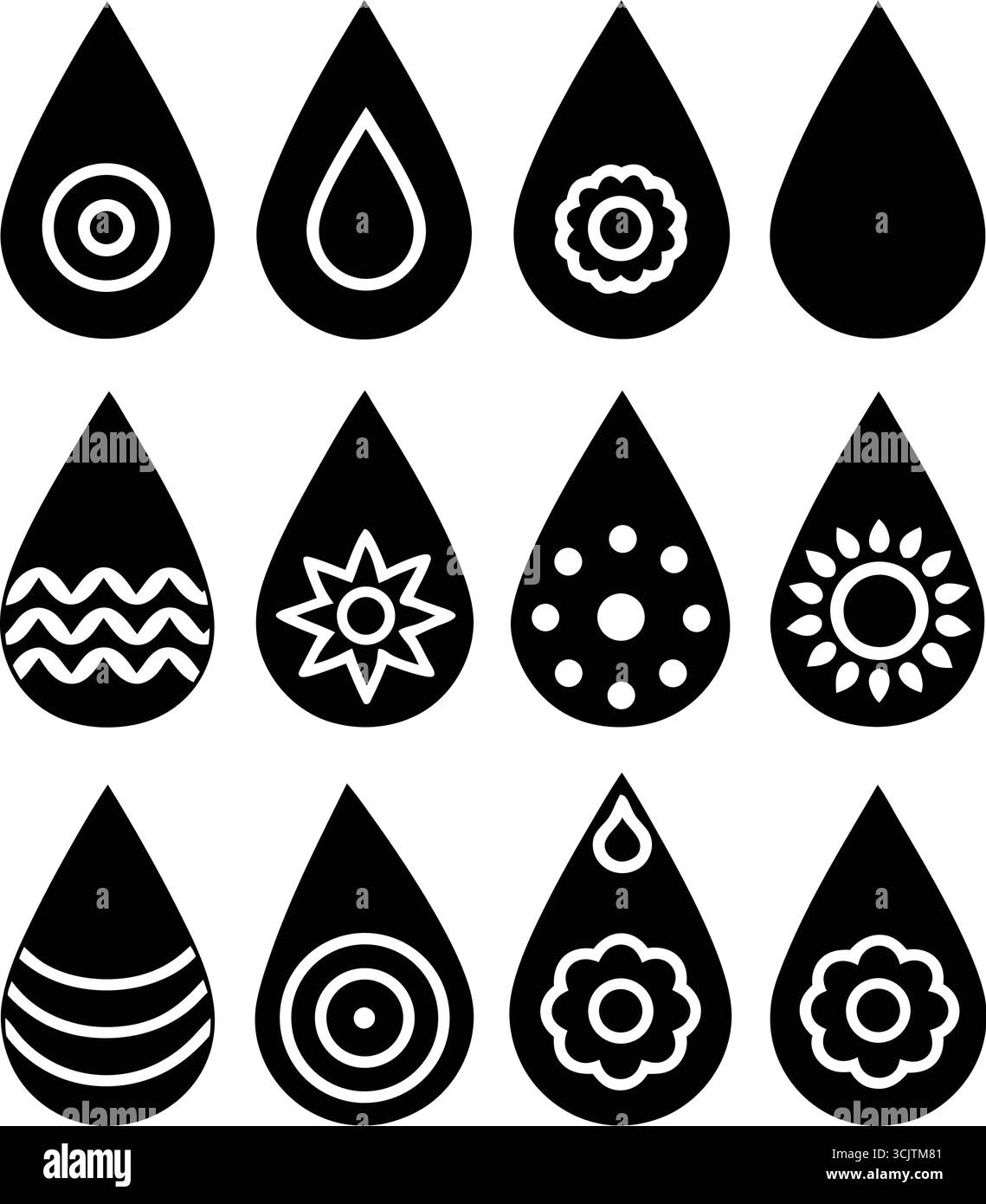 Set di icone a goccia d'acqua nera con vari motivi, illustrazioni vettoriali per design e branding Illustrazione Vettoriale