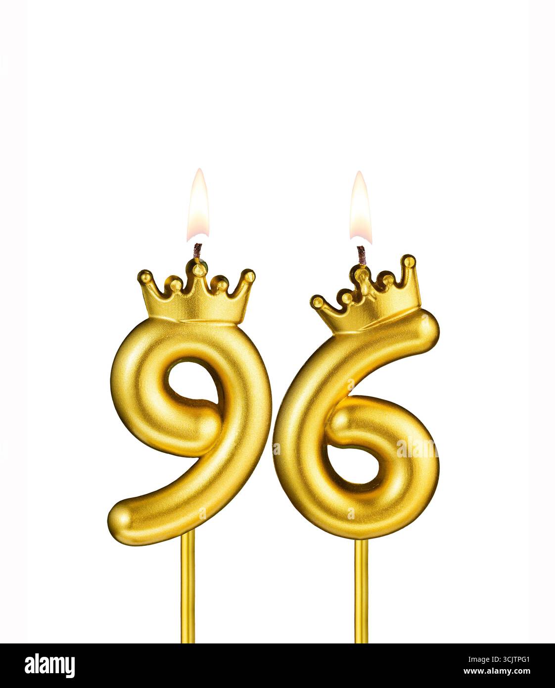 Candela dorata con numero corona 96 - sfondo bianco Foto Stock