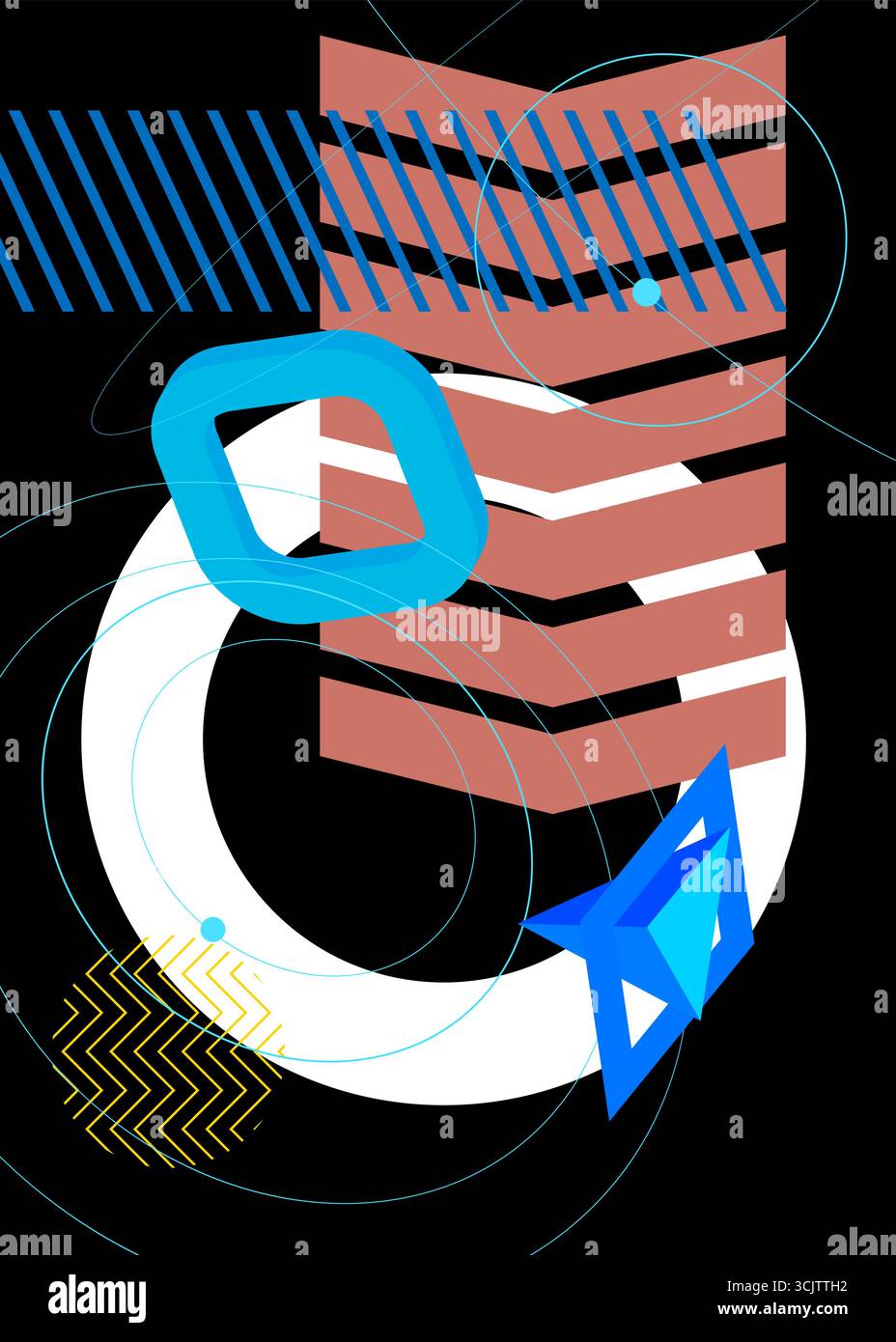 Copertina a tema retrò con grafica geometrica semplice. Design del poster con elementi geometrici minimali. Modello vintage di forme astratte per banner poster. Illustrazione Vettoriale