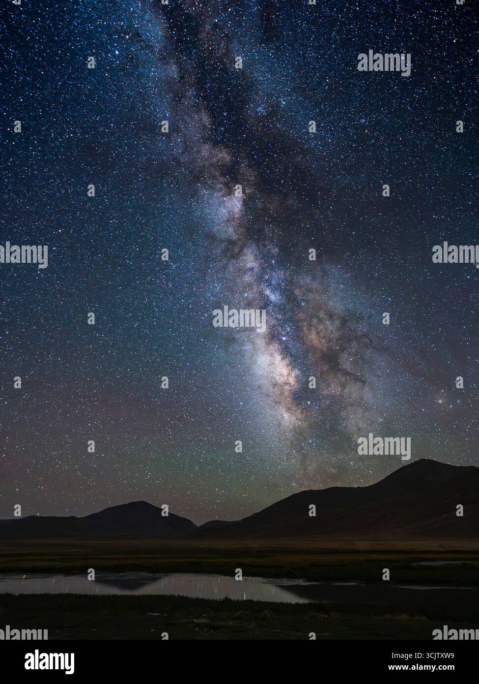 Vista verticale dello splendido cielo notturno estivo con via lattiera sulle montagne Pamir ad alta quota, Bulunkul, Murghab, Gorno-Badakhshan, Tagikistan Foto Stock
