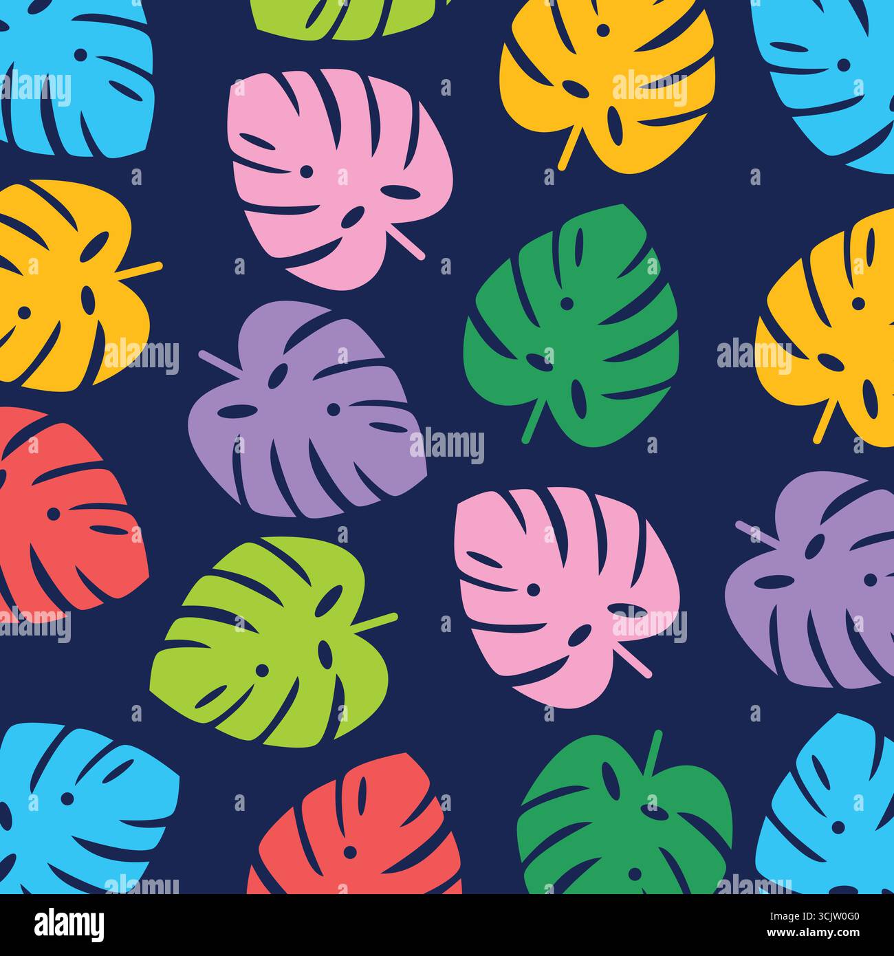 Foglie di palma monstera dai colori tropicali senza cuciture su sfondo scuro. Luminoso design botanico esotico, perfetto per le vibrazioni estive, stampe tessili, Illustrazione Vettoriale