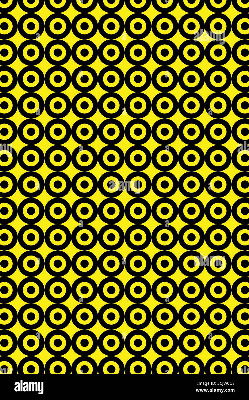 Sfondo con motivo uniforme circolare a punti nero e giallo astratto. Texture geometrica audace con contrasto vibrante, ideale per il design digitale e le pareti moderne Illustrazione Vettoriale