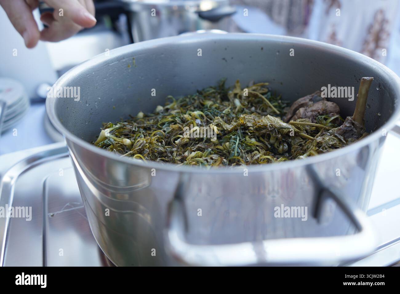 Primo piano di una pentola ripiena di stufato di coniglio, kavous e stamnagathi green, un piatto tradizionale cretese e mediterraneo all'aperto. Foto Stock