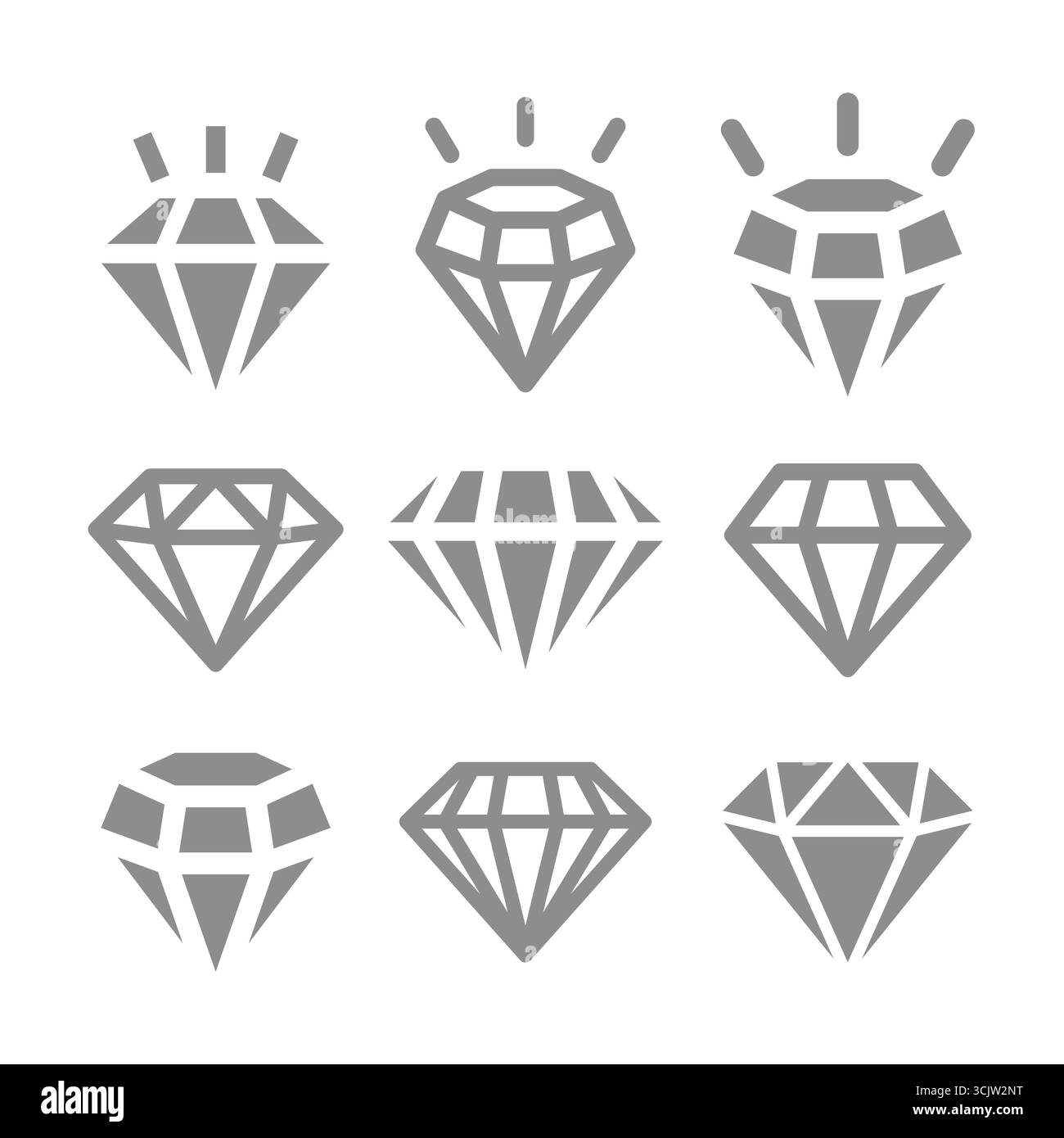 Set di icone con rombo brillante, linea e vettoriale pieno. Brillanti e brillanti diamanti di cristallo. Illustrazione Vettoriale