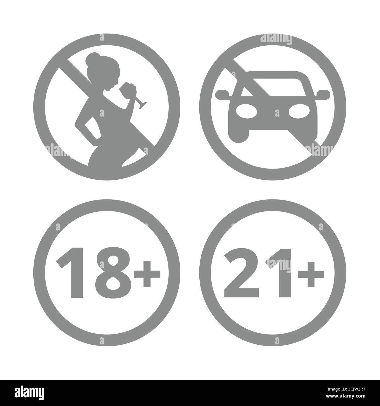 Non bere in gravidanza o dopo aver usato alcool. Set di icone di diciotto e ventuno più del segno vettoriale del limite di età. Illustrazione Vettoriale