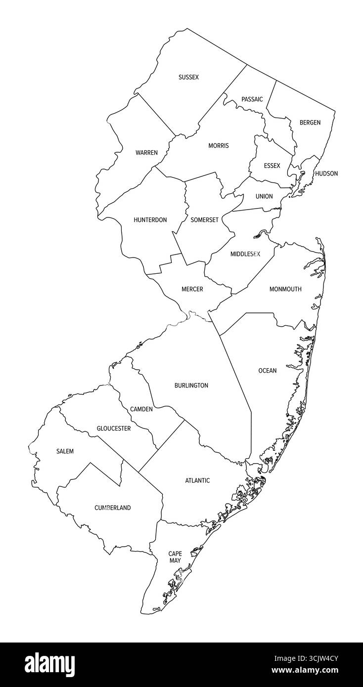 Stato del New Jersey, suddiviso in 21 contee, schema. Stato nel Medio Atlantico e nella regione nord-orientale degli Stati Uniti. Foto Stock