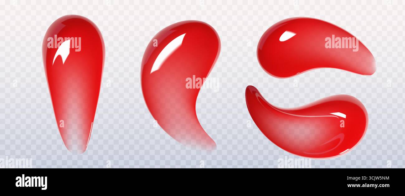 Set di campioni di lucidalabbra rosso brillante: Macchie lucide con texture lucida, forme curve di tratti applicativi. Campioni di prodotti cosmetici di bellezza per test di trucco, selezione dei colori e dimostrazione delle sfumature Illustrazione Vettoriale