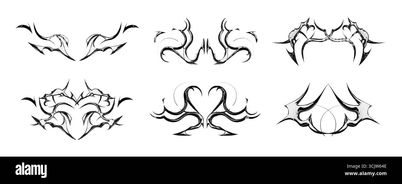 Collezione di tatuaggi in metallo Tribal y2k con disegni gotici simmetrici per uno stile alternativo e una body art. Ornamenti neri a fiamma con bordi affilati ed estetica metalcore. Elementi decorativi vettoriali Illustrazione Vettoriale