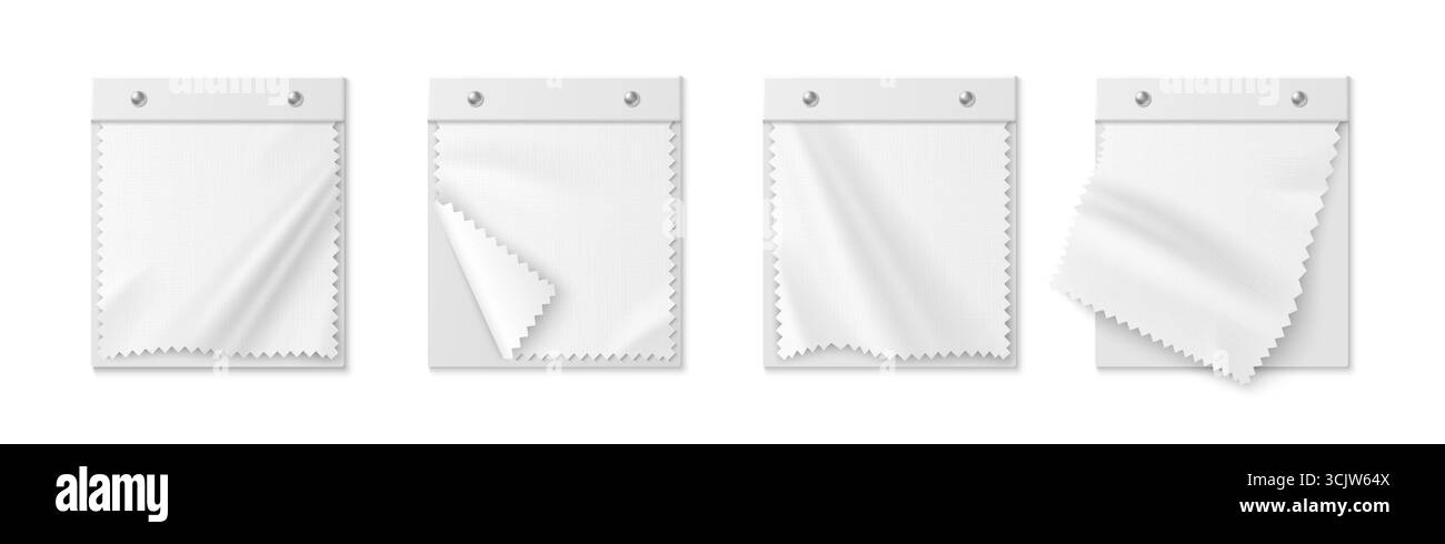 Set di campioni di tessuto bianco con motivo a zig-zag. Pezzi in tela vuota con angoli ripiegati per cataloghi di design per presentazioni alla moda o portafogli di decorazioni per interni. Illustrazione Vettoriale