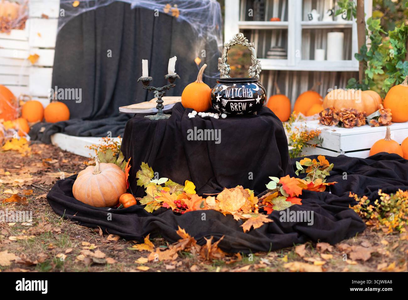 Candele, zucche, ragnatele e calderone delle streghe con pozione e diversi attributi magici per la strega rituale. Arredamento spaventoso per il tavolo di halloween. Foto Stock