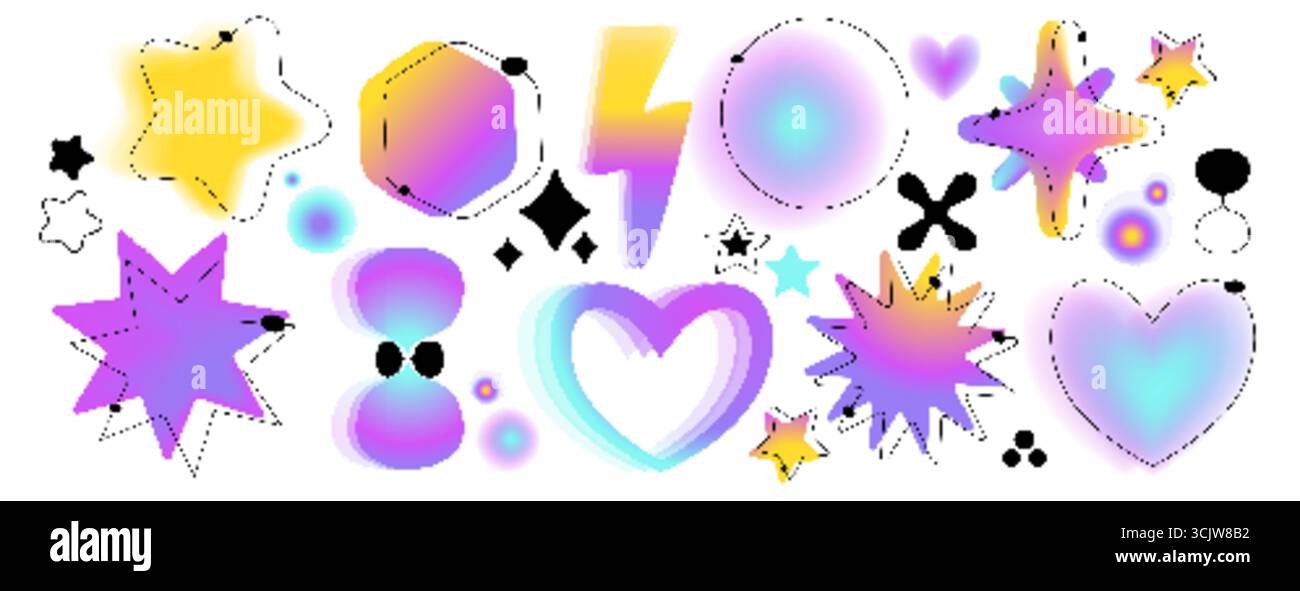 Forme gradiente Y2K con cuori, stelle ed elementi astratti. Design retrò futuristico con scintille, esagoni e fulmini per un'estetica digitale nostalgica o grafica alla moda. Illustrazione Vettoriale