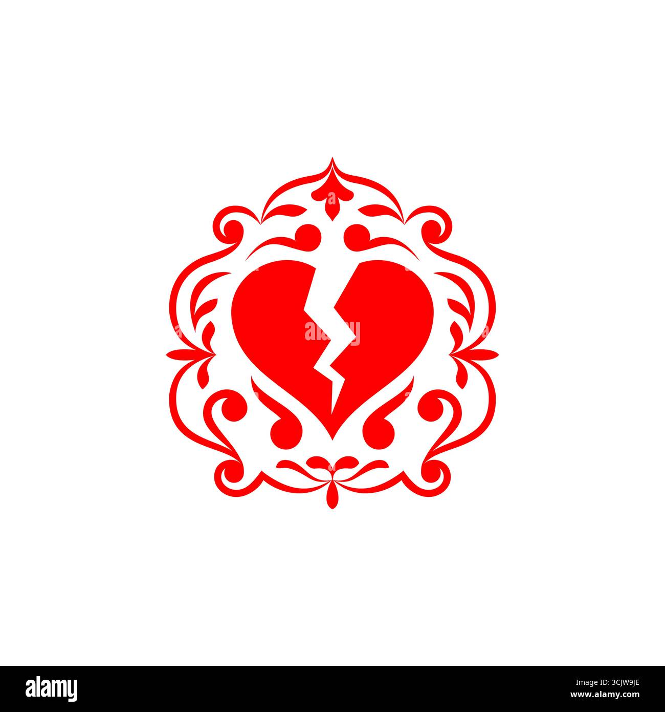 cuore spezzato in una cornice decorativa decorativa. Simbolo di rottura, tristezza, romanticismo ed emozioni. Perfetto per progetti di amore, incontri e relazioni. Illustrazione Vettoriale